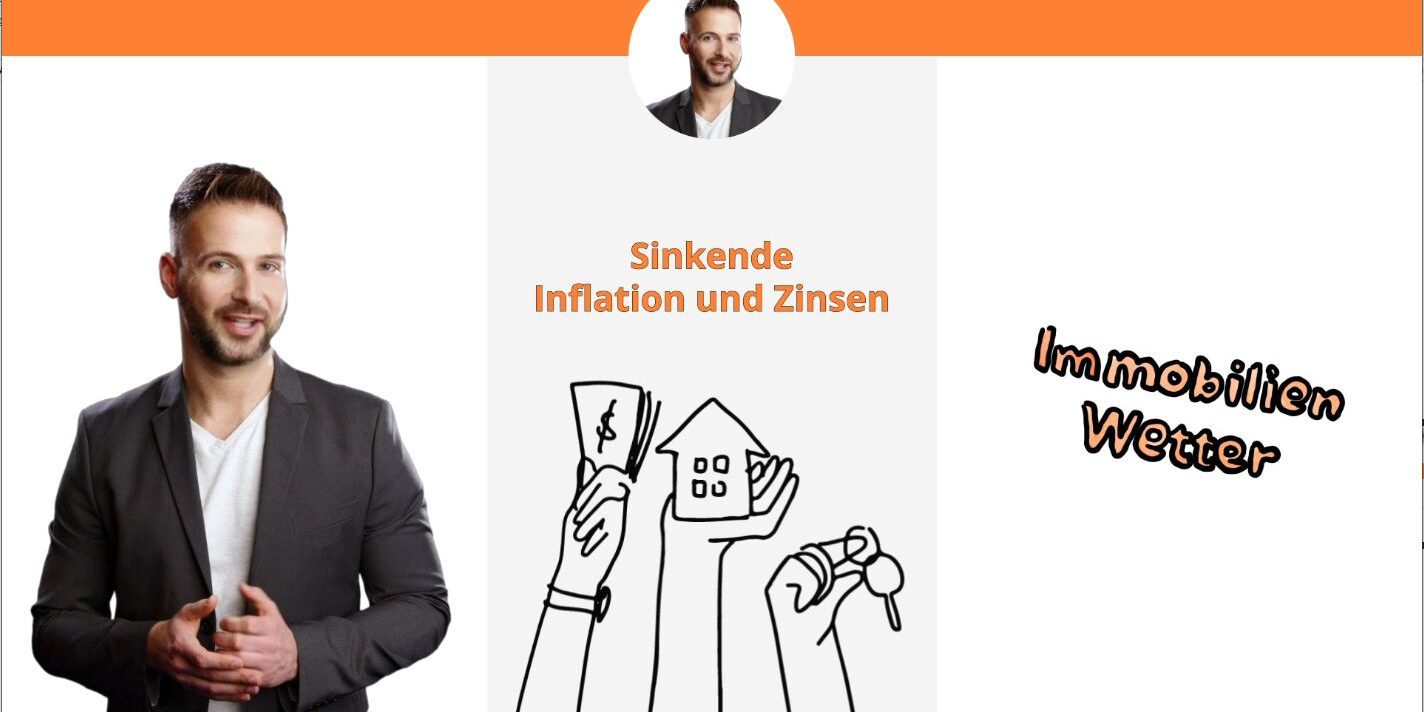 Links steht ein Mann und erklärt die Entwicklung an den Immobilienmärkten. In der Mitte ist sind Hände zu sehen, die stellvertretend für Inflation und Zinsen, Geldscheine, ein Haus und einen Schlüssel in der Hand halten